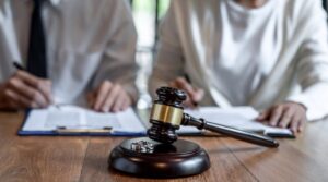 lawyer sitting at a desk with parents discussing paperwork for child support and discussing new jersey's child support guidelines