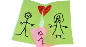 stick drawing of mom and dad separated by rip paper with kid inserted in the middle
