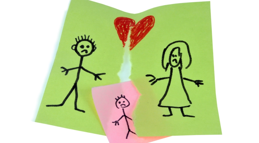 stick drawing of mom and dad separated by rip paper with kid inserted in the middle