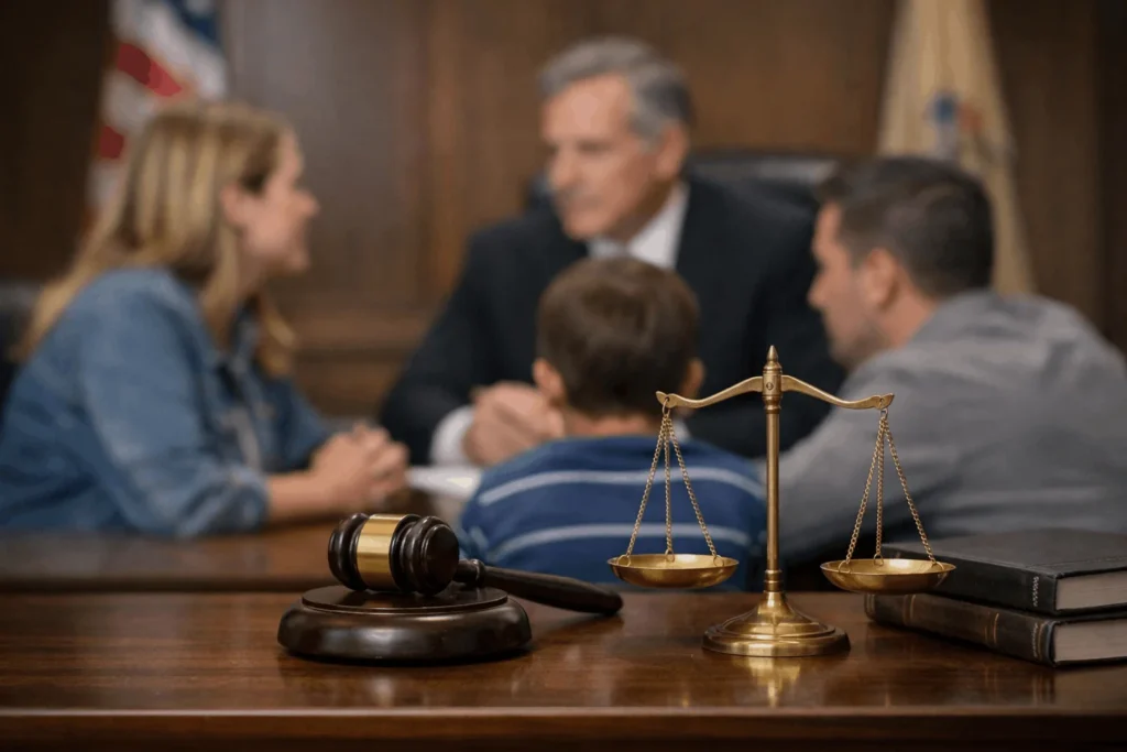 Child Support Litigation Rochelle Park NJ attorney meeting with parents in court